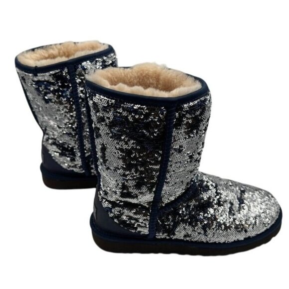 Ugg Australia Classic Short Sequin Boots Blue Silver Sparkle 1002765 Women's 7 - Picture 1 of 7